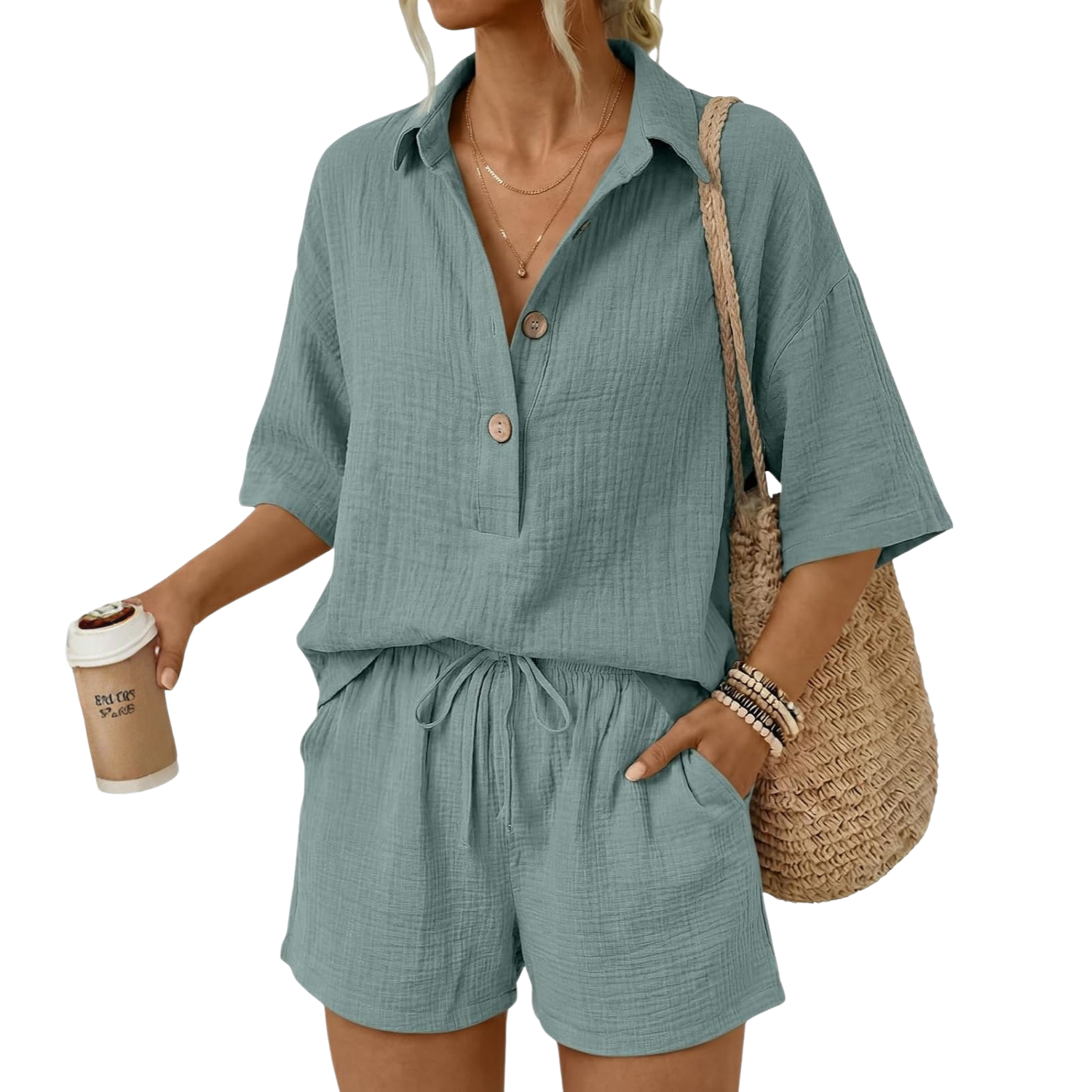 Linen Short Sleeve Summer Vacation Beach Short Sets For Women