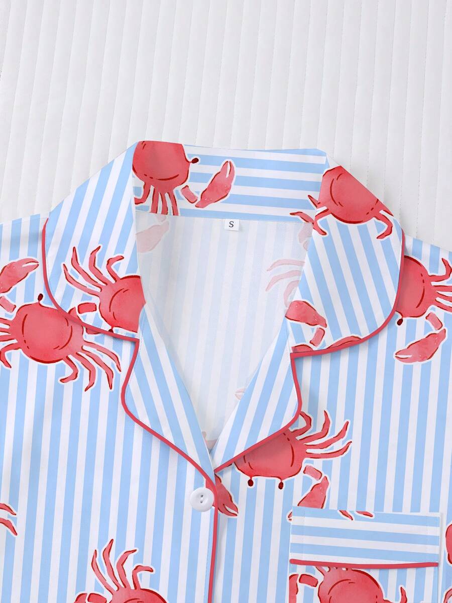 2pcs/Set Women's Pajama Set, Crab Print, Women's Loungewear, Spring/Summer Holiday Outfit, Short Sleeve Lapel Top And Shorts, Can Be Worn Out - Blue - View 4