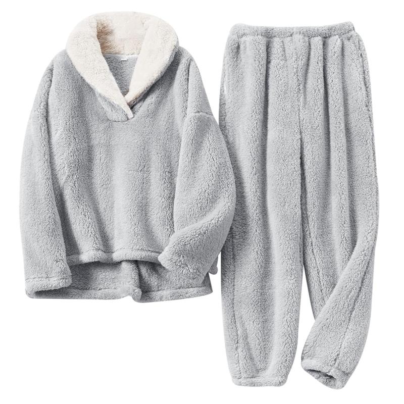 2 Piece Of Fluffy Long Sleeve Sleepwear Pajama Set With Pullover Pants For Women