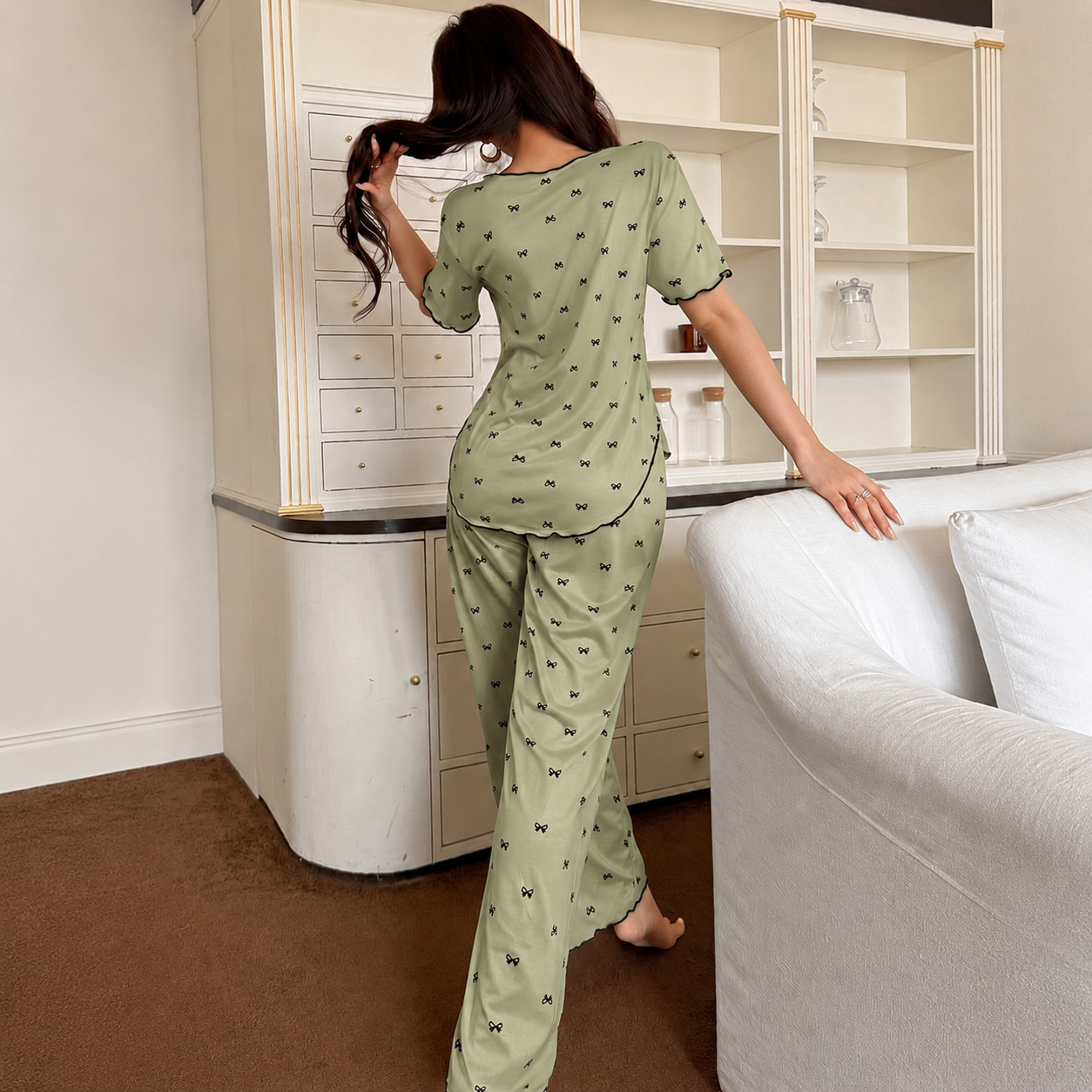 Two Piece Bow Print Lapel Pajama Top And Long Pants Set For Women