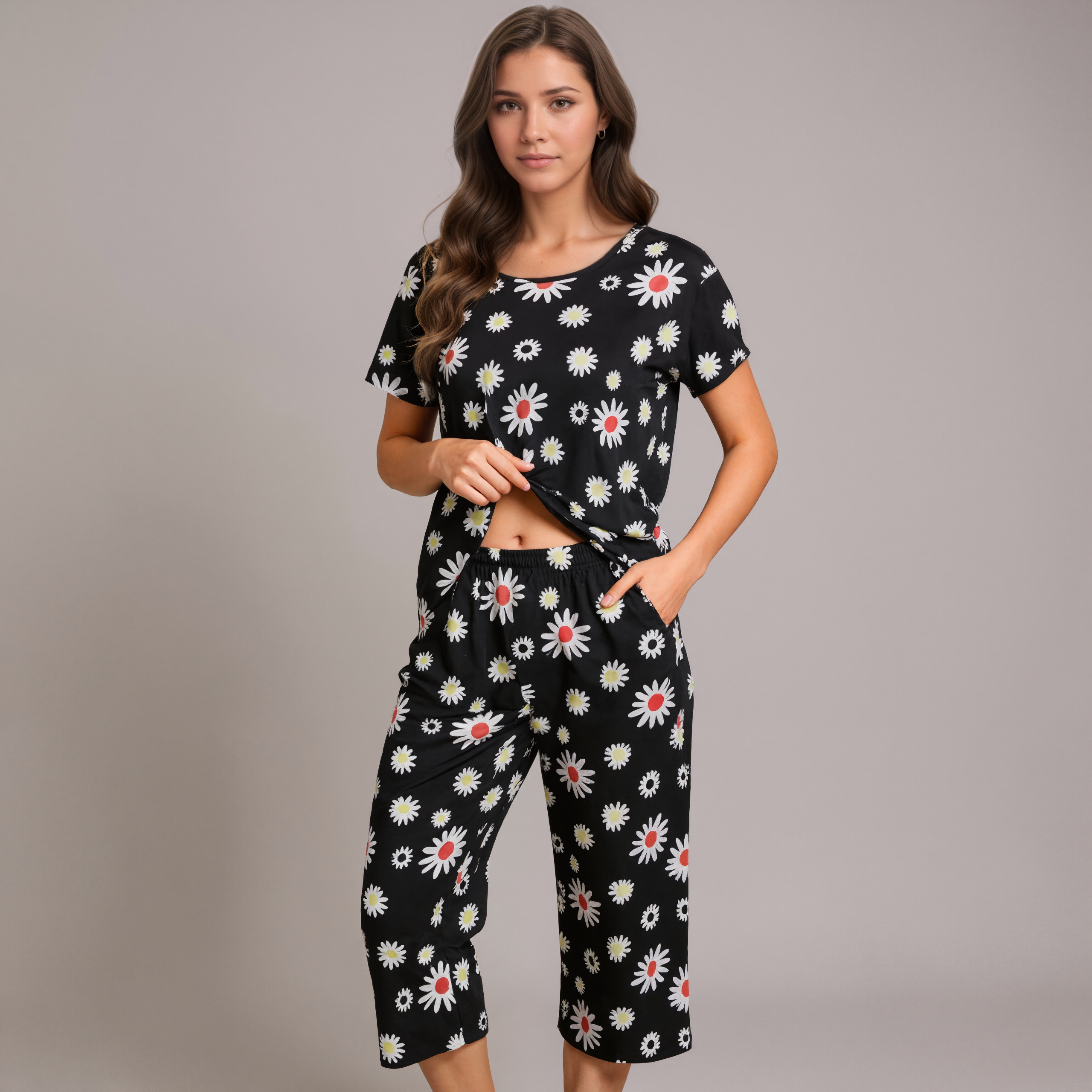 Pajama Set With Top And Capri Pants