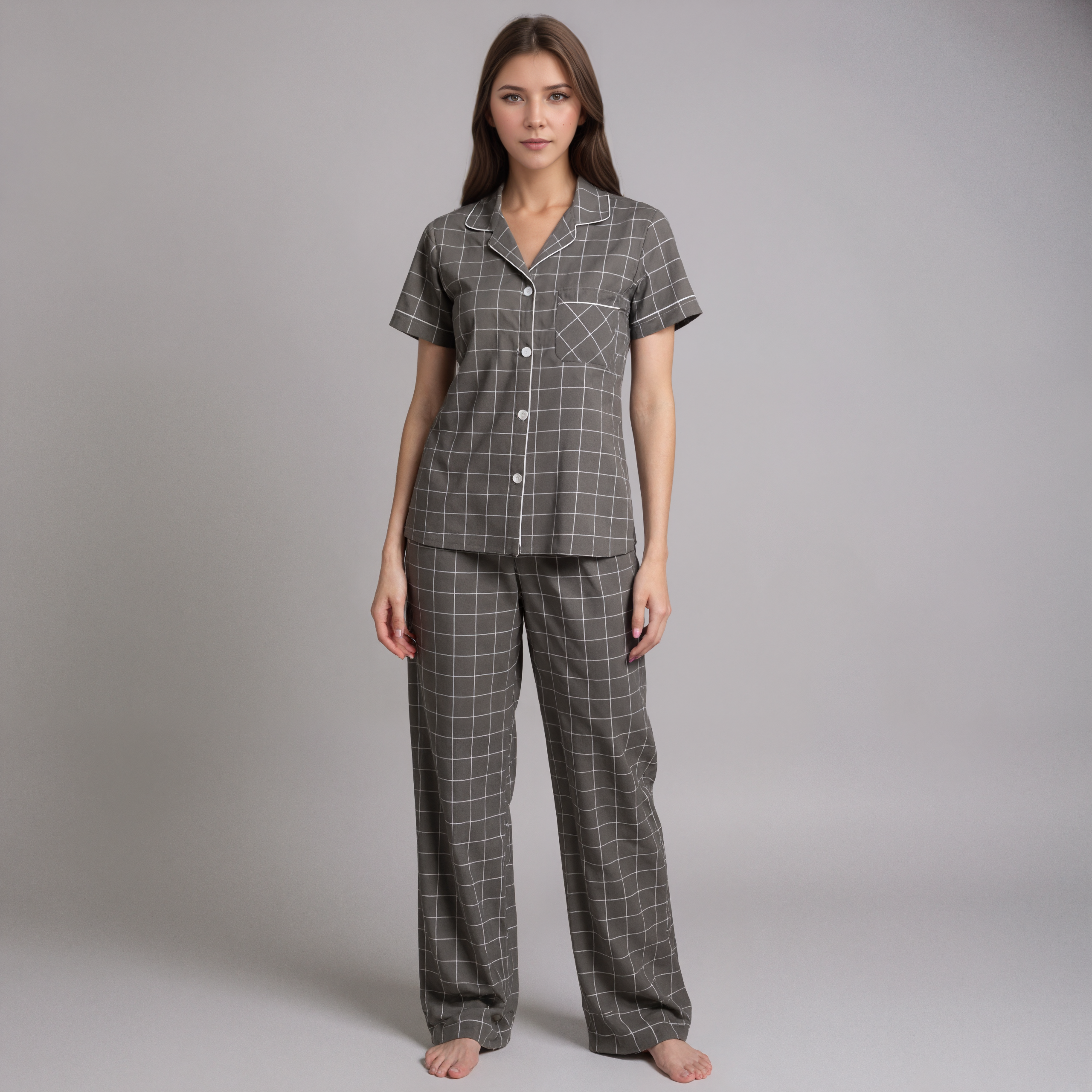 Long Cotton Pajamas With Plaid Pattern