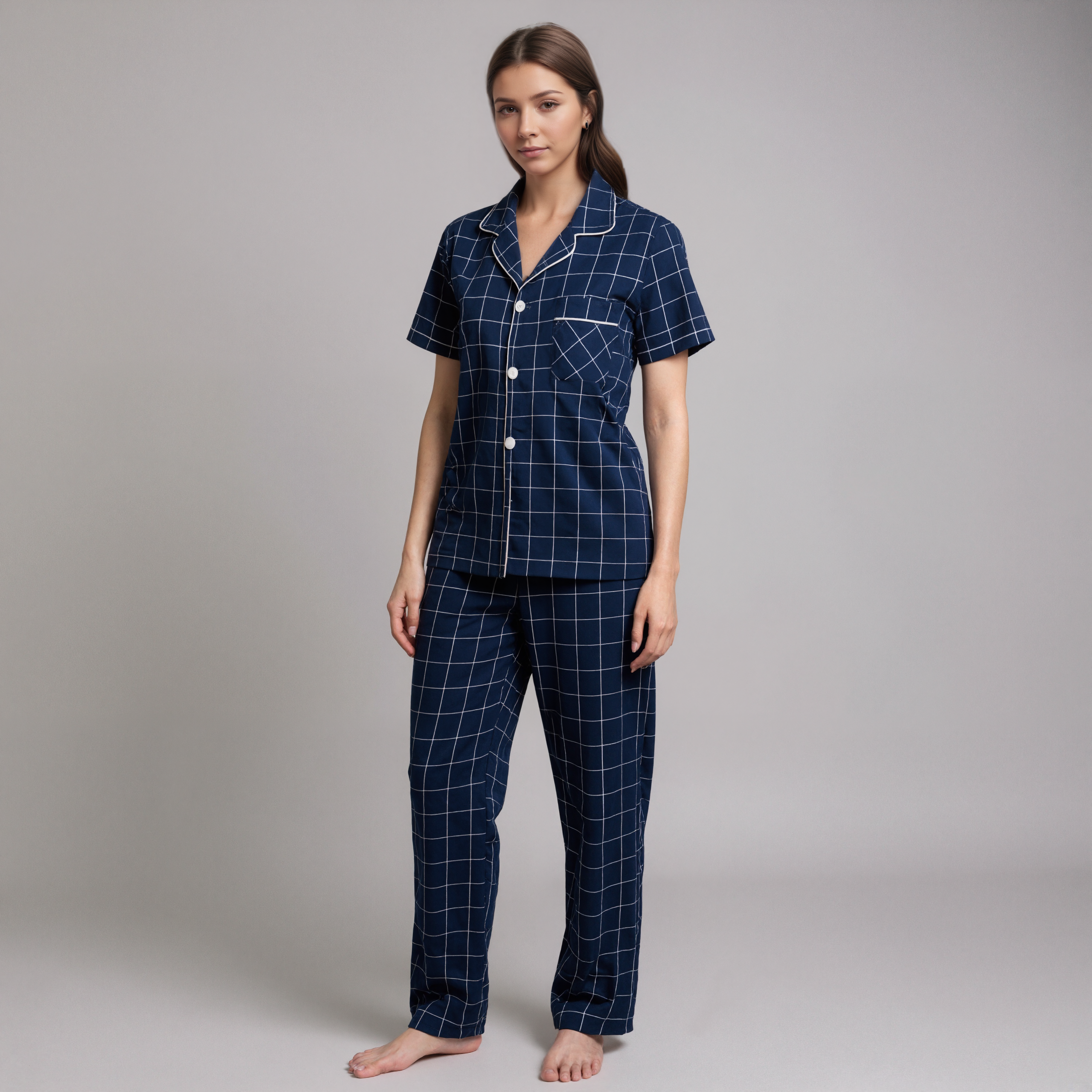 Long Cotton Pajamas With Plaid Pattern