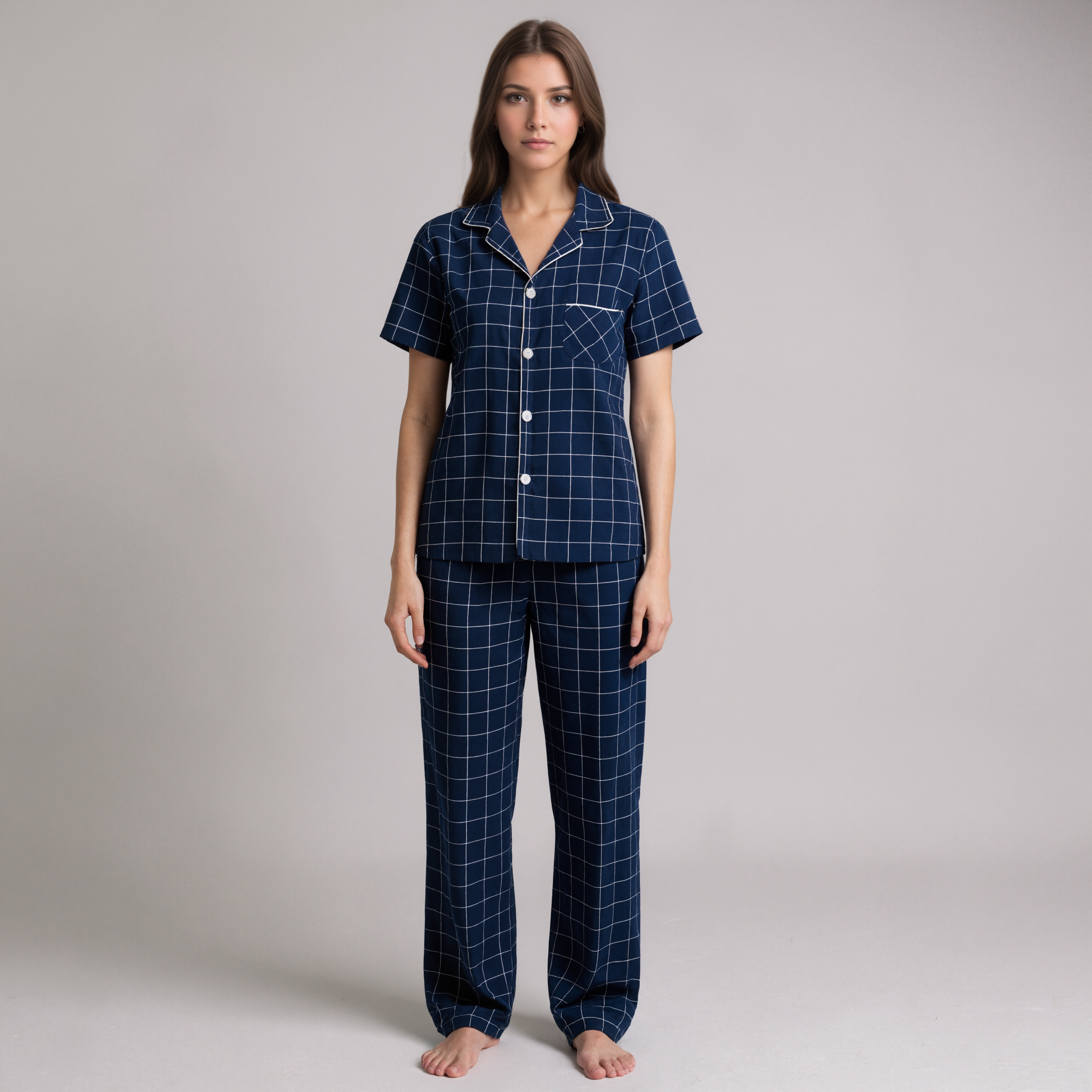 Long Cotton Pajamas With Plaid Pattern