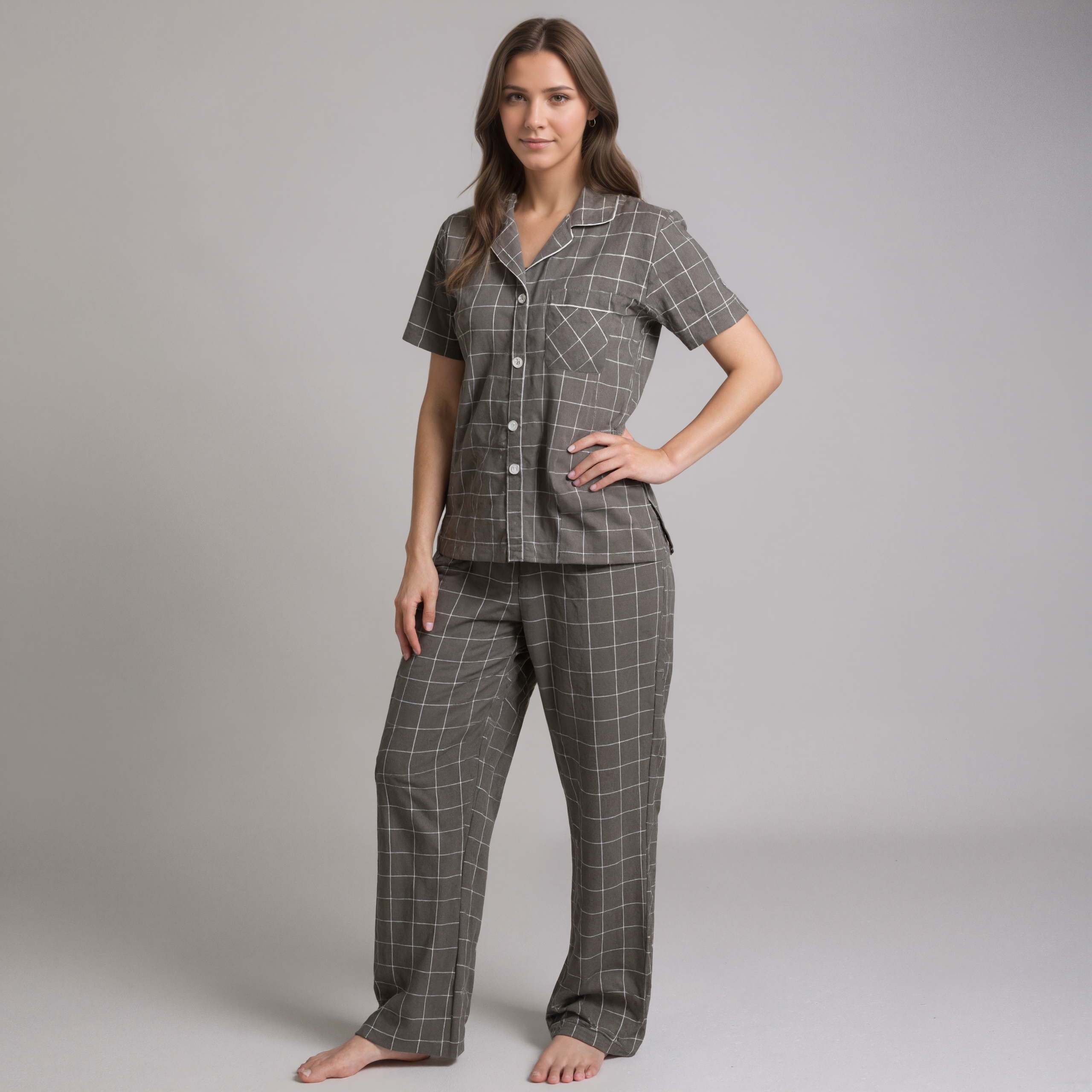 Long Cotton Pajamas With Plaid Pattern