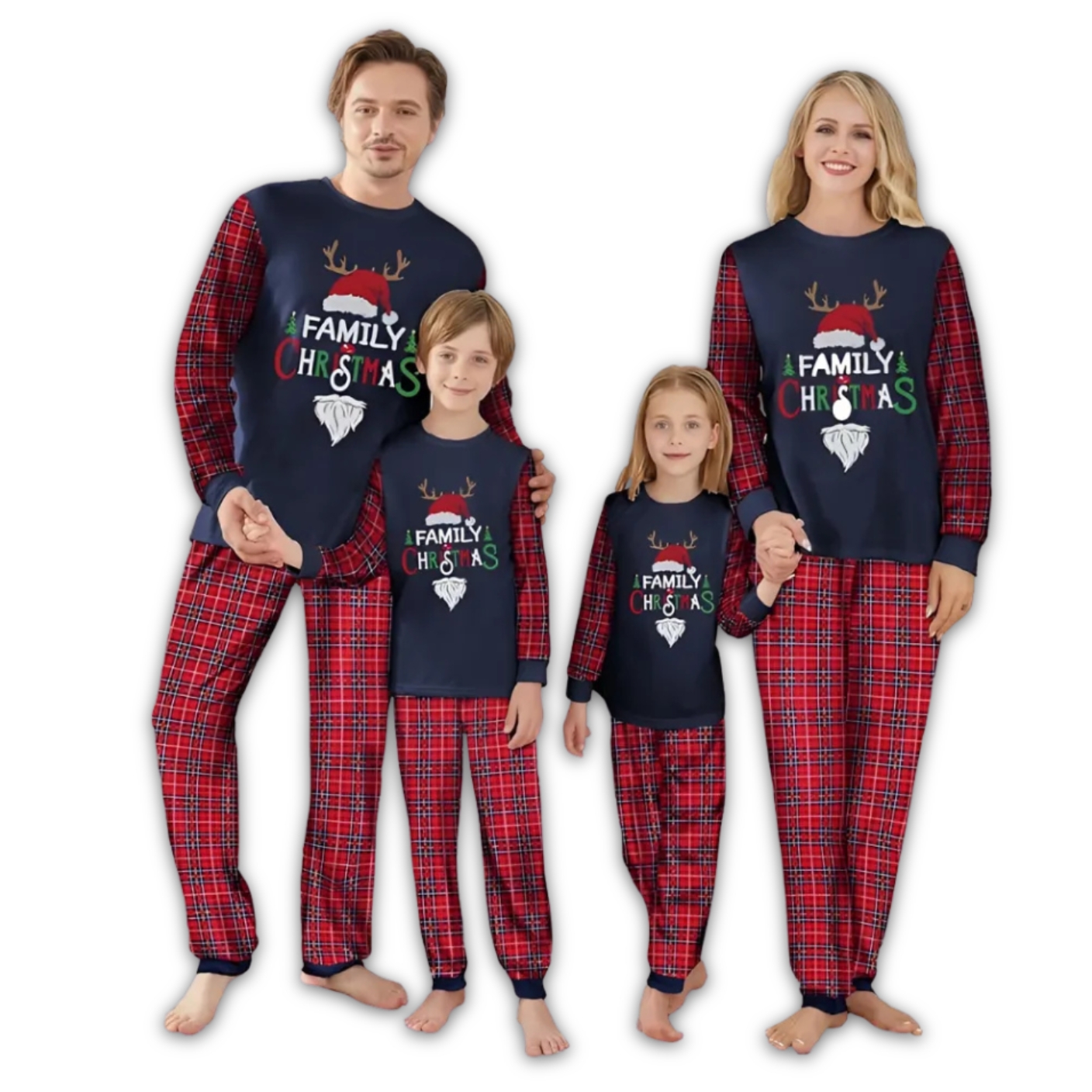 Santa Hat Reindeer Family Christmas Printed Matching Plaid Pajama Set