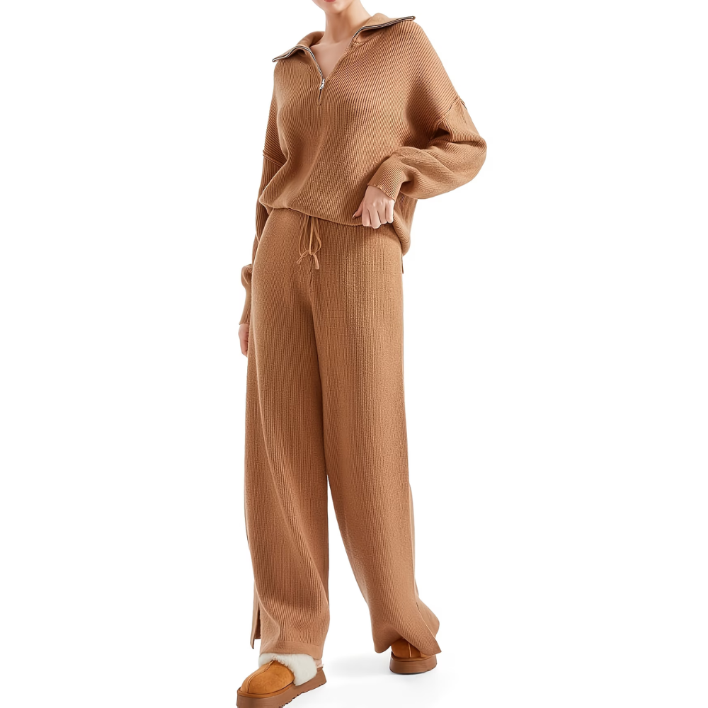 Zip Collar Knit Top Pant Set