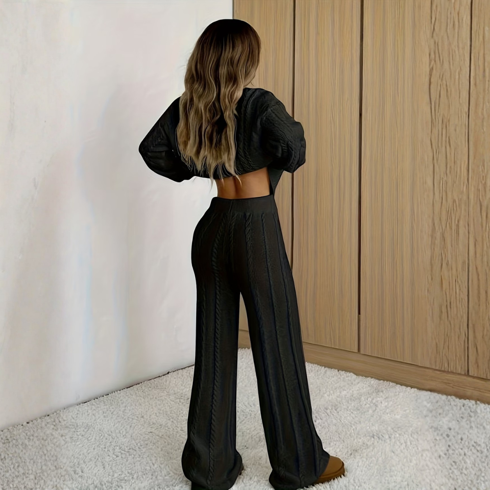 Women's Winter Solid Color Round Neck Long Sleeve Simple Top And Pants Casual 2pcs Set, Winter ClothingWinter Casual Matching Sweater And Pant Set For Women - Image 2