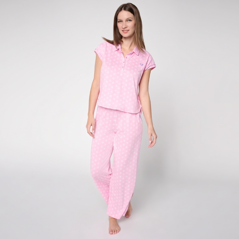 2 Piece Floral Pajama Set With Short Sleeve Top And Lounge Pants For Women
