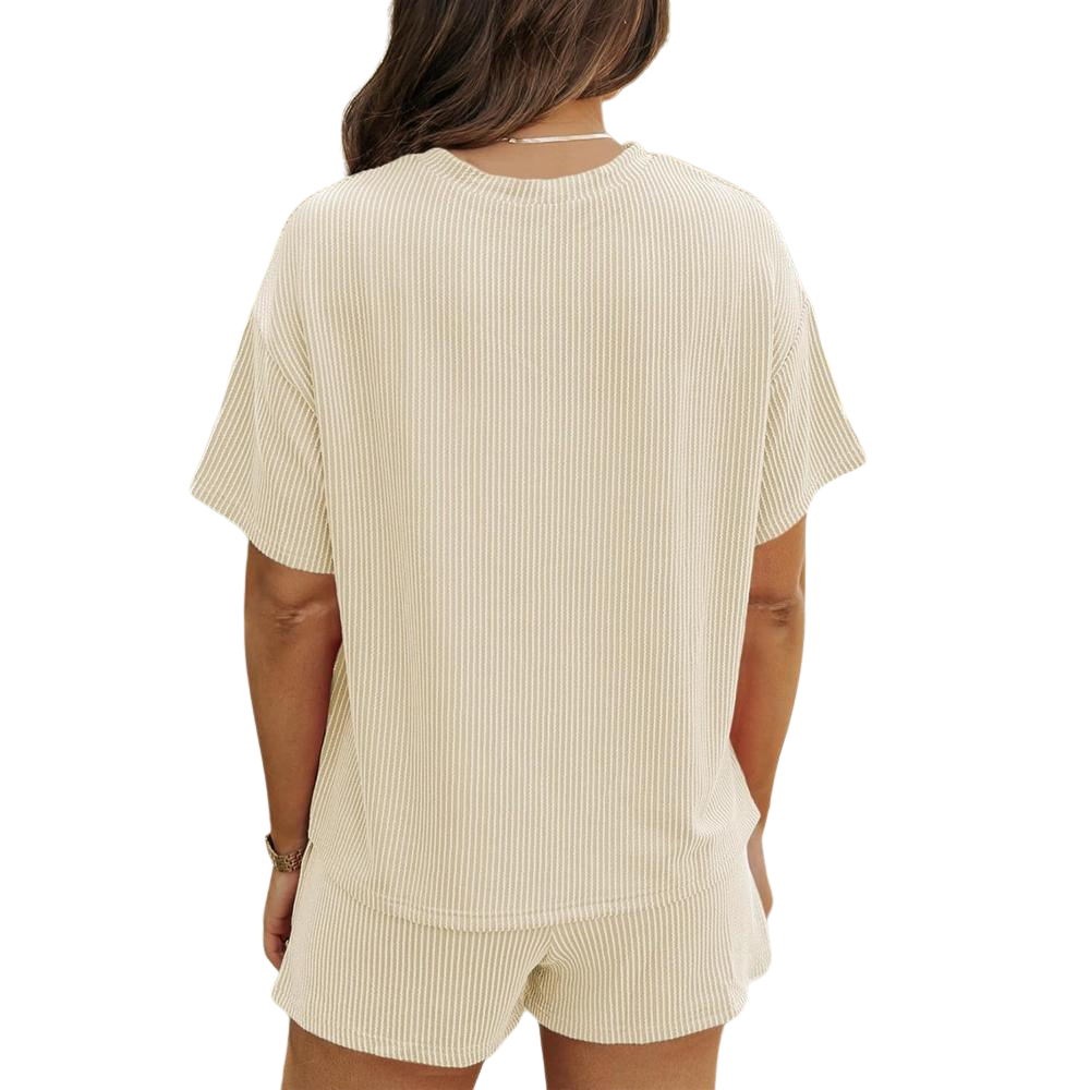Ribbed Lounge Set Short Sleeve Top And Shorts with Pockets