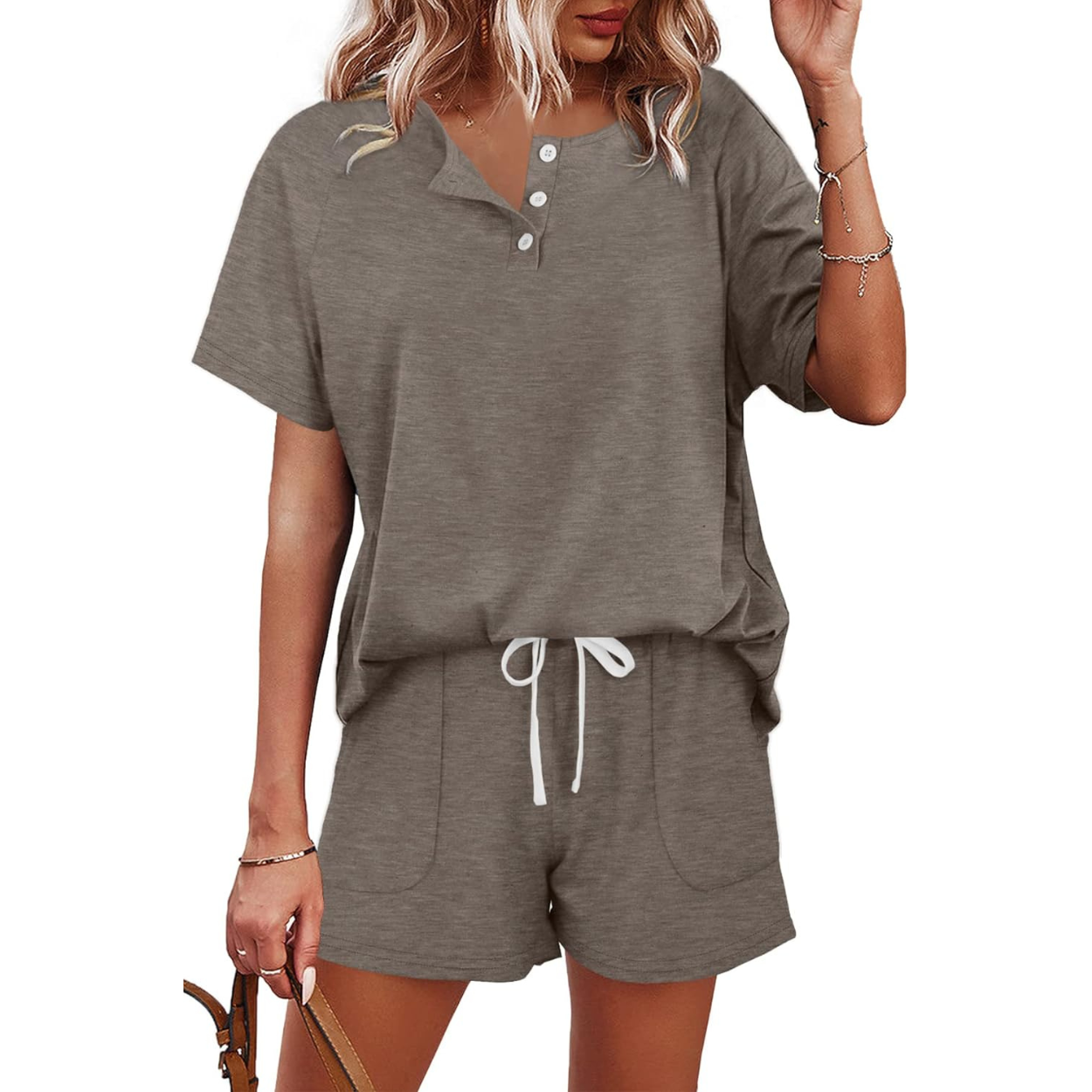 Two Piece Lounge Set with Button Down Top And Shorts