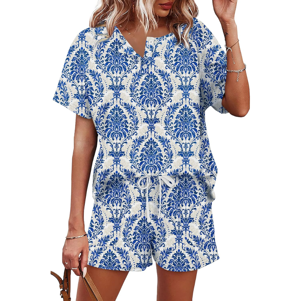 Two Piece Lounge Set with Button Down Top And Shorts
