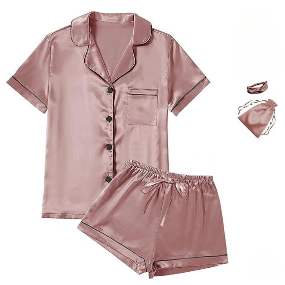 4Pcs Womens Satin Silky Short Sleeve Shirt Pajamas Set