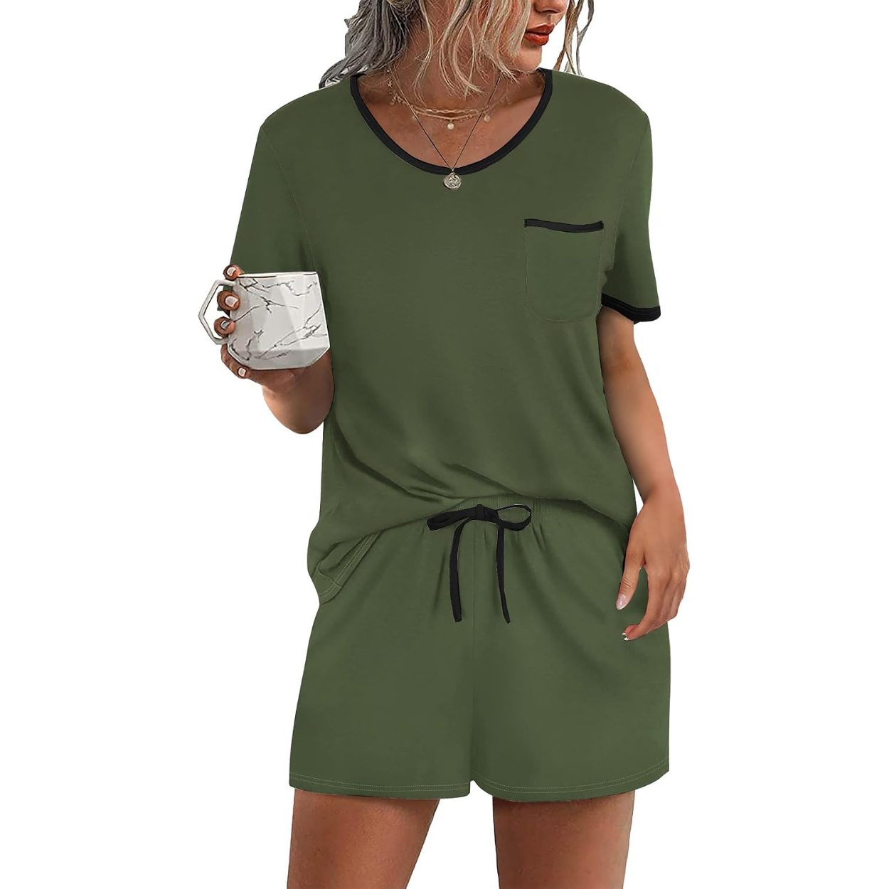 2 Piece Pajama Set With Short Sleeve Top and Shorts For Women