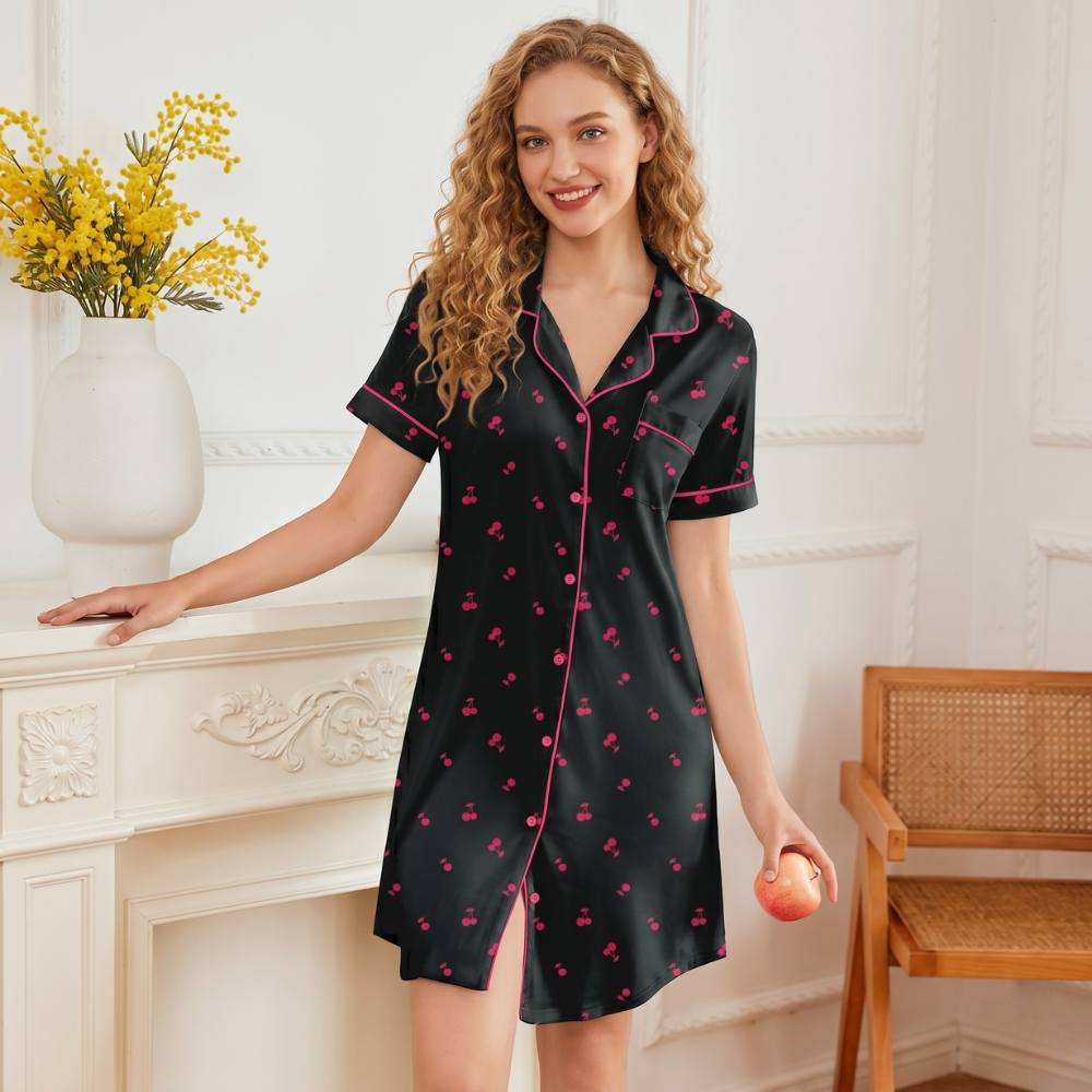 Front Button Nightdress Short Sleeve Pajama Sleepshirt For Women