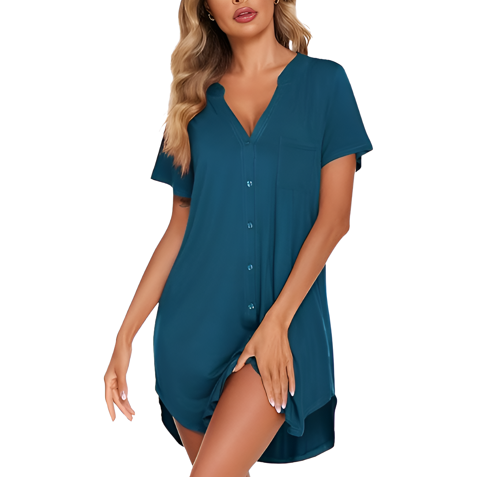Button Down Nightgown With V Style Design For Women