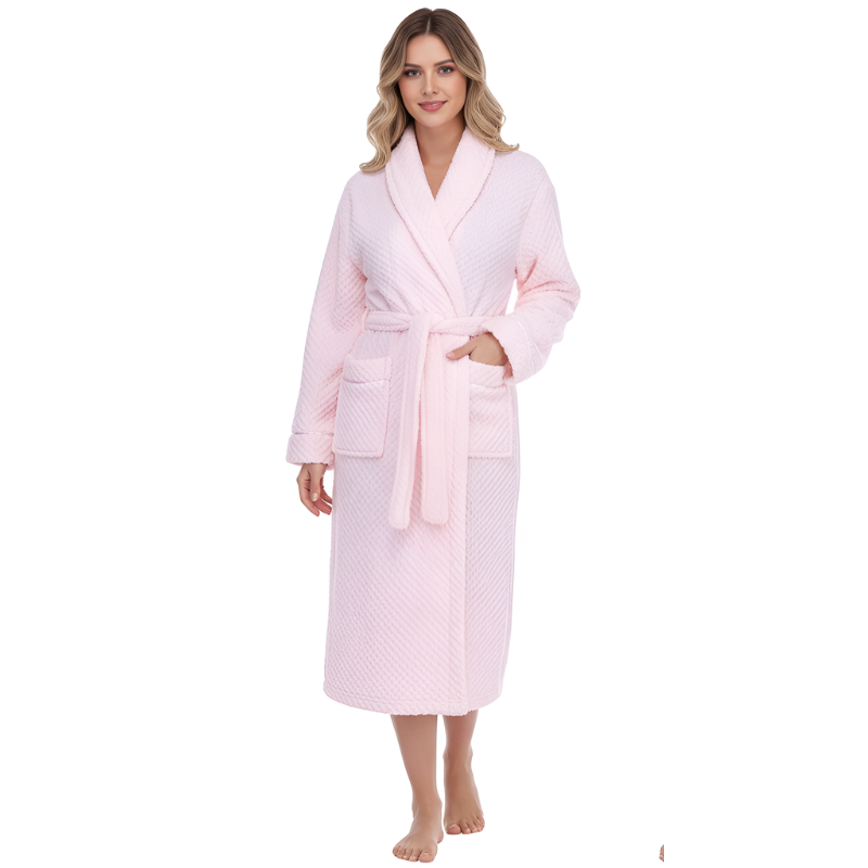 Plush Textured Design Fleece Long Bathrobe For Women