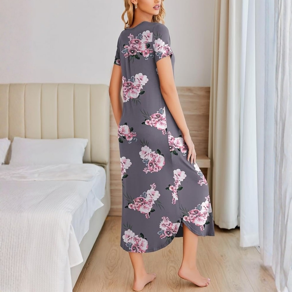 Pleated Long Nightgown Short Sleeve For Women