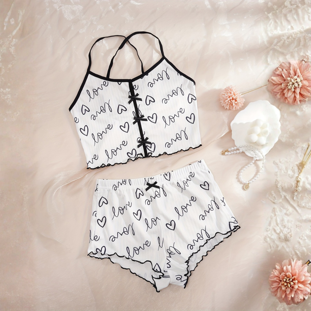Cordate Printed Cross Strap Pajama Top And Shorts Set