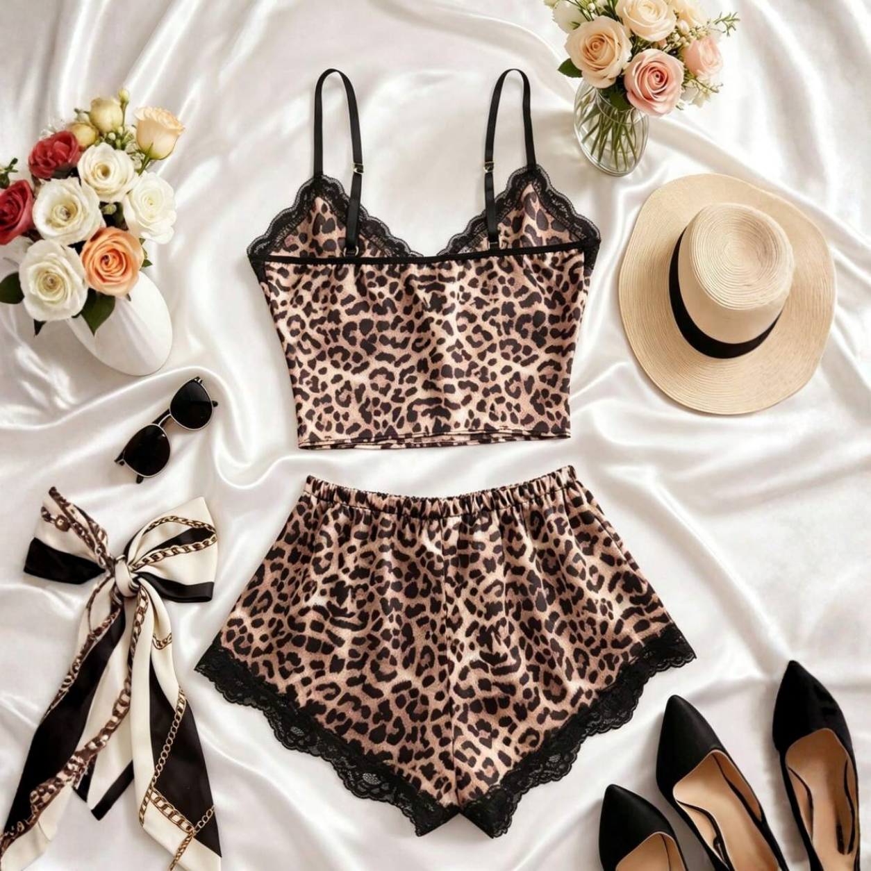 Bow Detail Adjustable Strap Two Piece Pajama Set with Lace Trim for Women