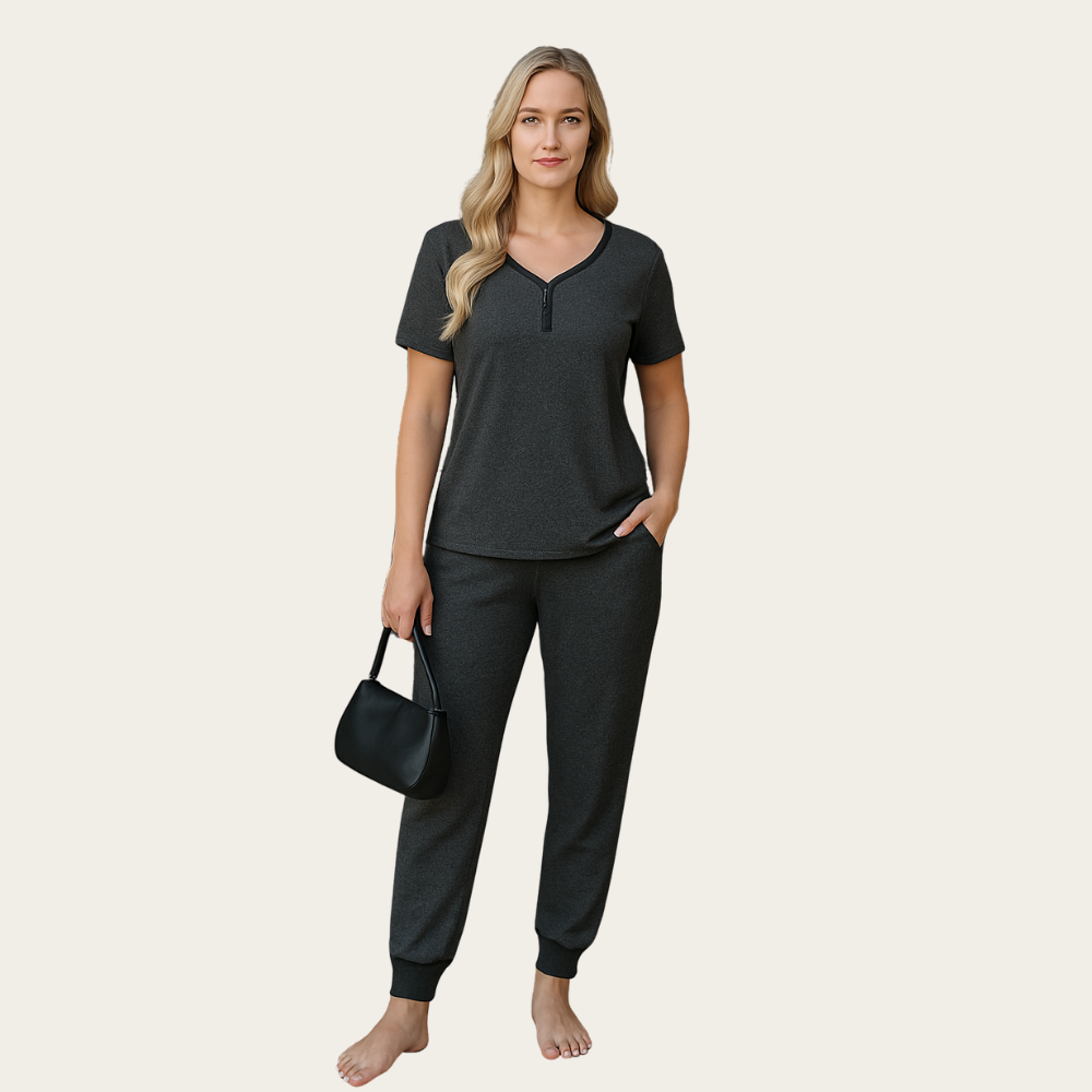 2 Piece Pajama Sleepwear Set For Women With Short Sleeve Top