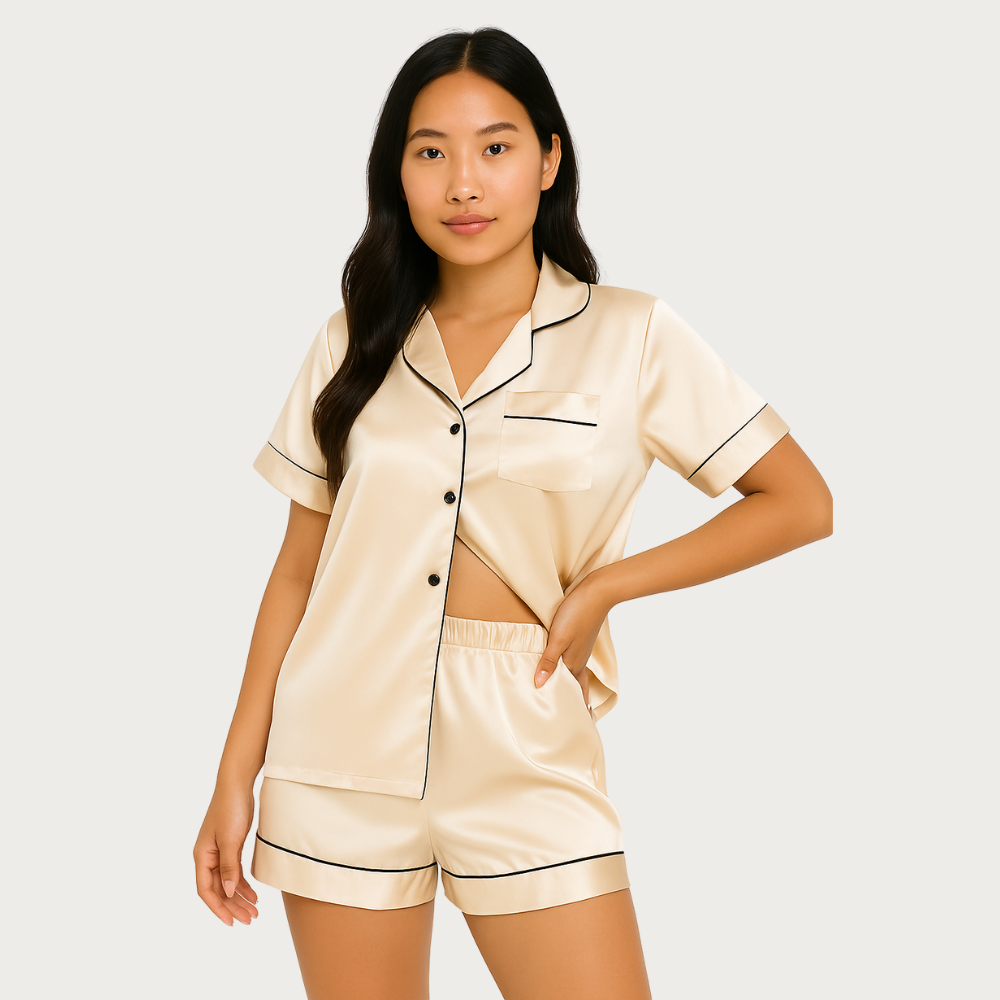 Women Satin Pajama Set 2 Piece Short Sleeve Sleepwear