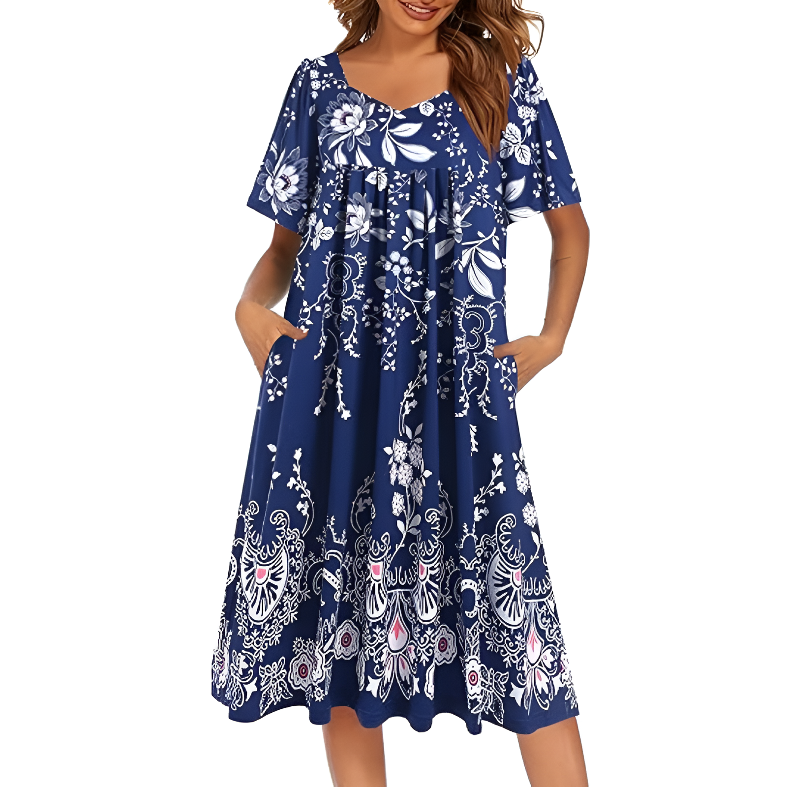 Pleated Nightgown With Short Sleeves And Pockets For Women