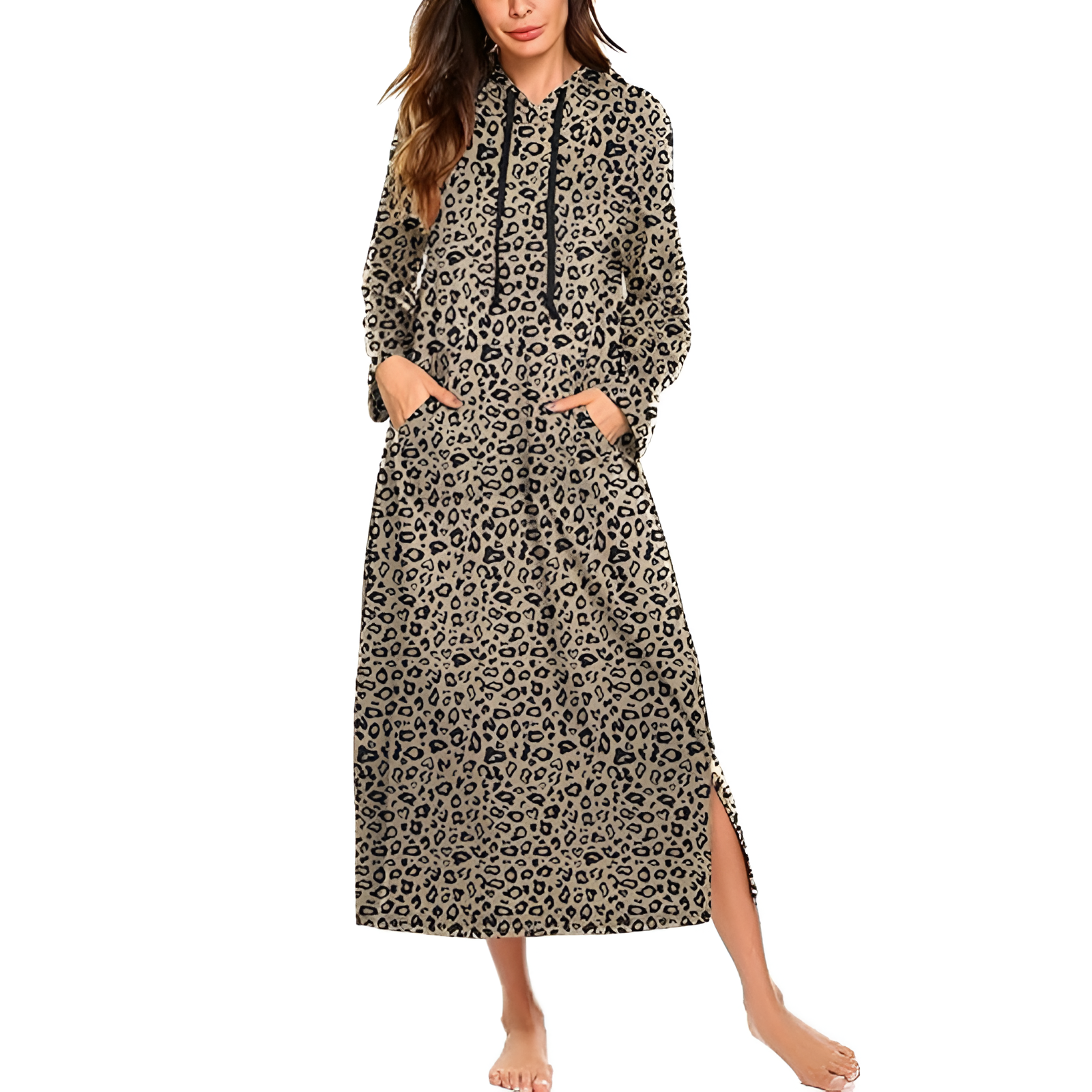 Hooded Nightgown Long Sleeve Full Length Loungewear With Pocket For Women
