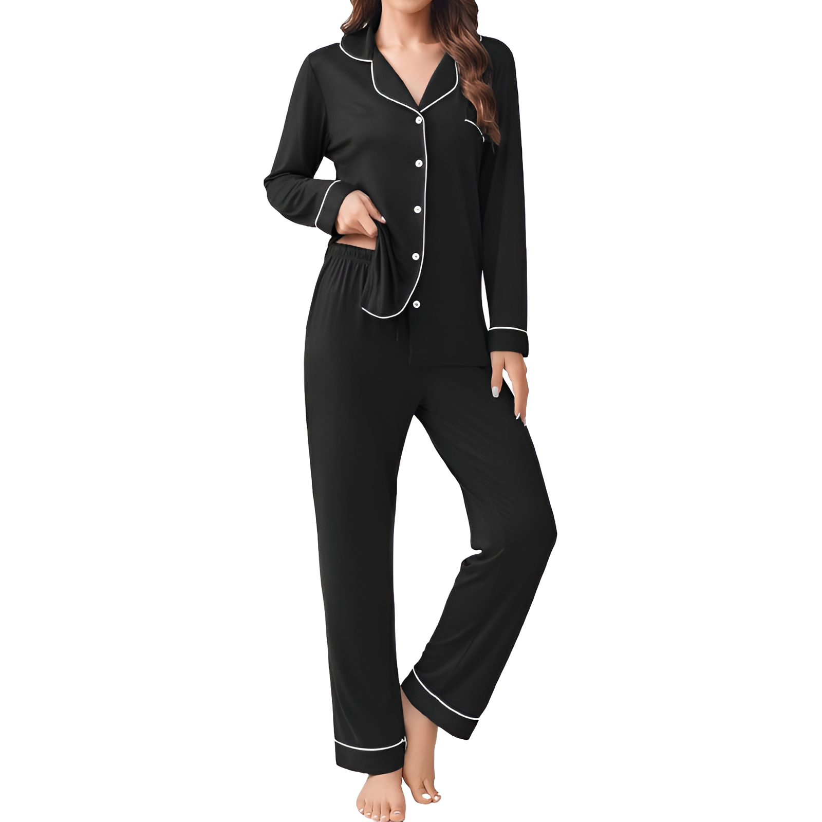 Long Sleeve Button Front Top Two Piece Pajama Set With Pants For Women