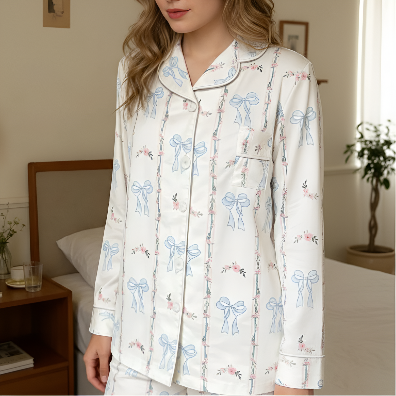 Cute Blue Bow Print Floral White Pajama Set for Womens Soft Comfy Long Sleeve Sleepwear Home Wear Loungewear PJ Womenswear Pyjamas Stretchy Valentines Day GiftFloral Bow Print Long Sleeve Soft Pajama Set - Image 3