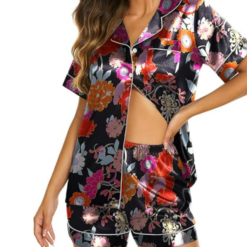 Satin Short Sleeve Button Down Shorts Set