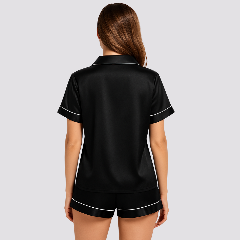 Womens Silk Satin Pajamas Short Sleeve Button Down Set