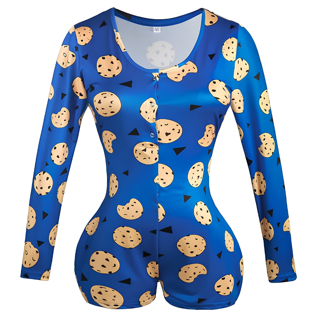 Long Sleeve Printed One Piece Pajama Romper Loungewear Outfit For Women
