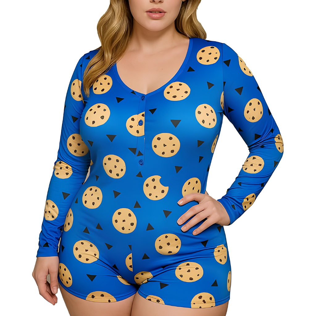 Long Sleeve Printed One Piece Pajama Romper Loungewear Outfit For Women
