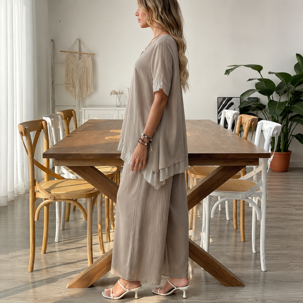 Elegant Flowy Palazzo Ruffle Two Pieces Outfit Set For Women