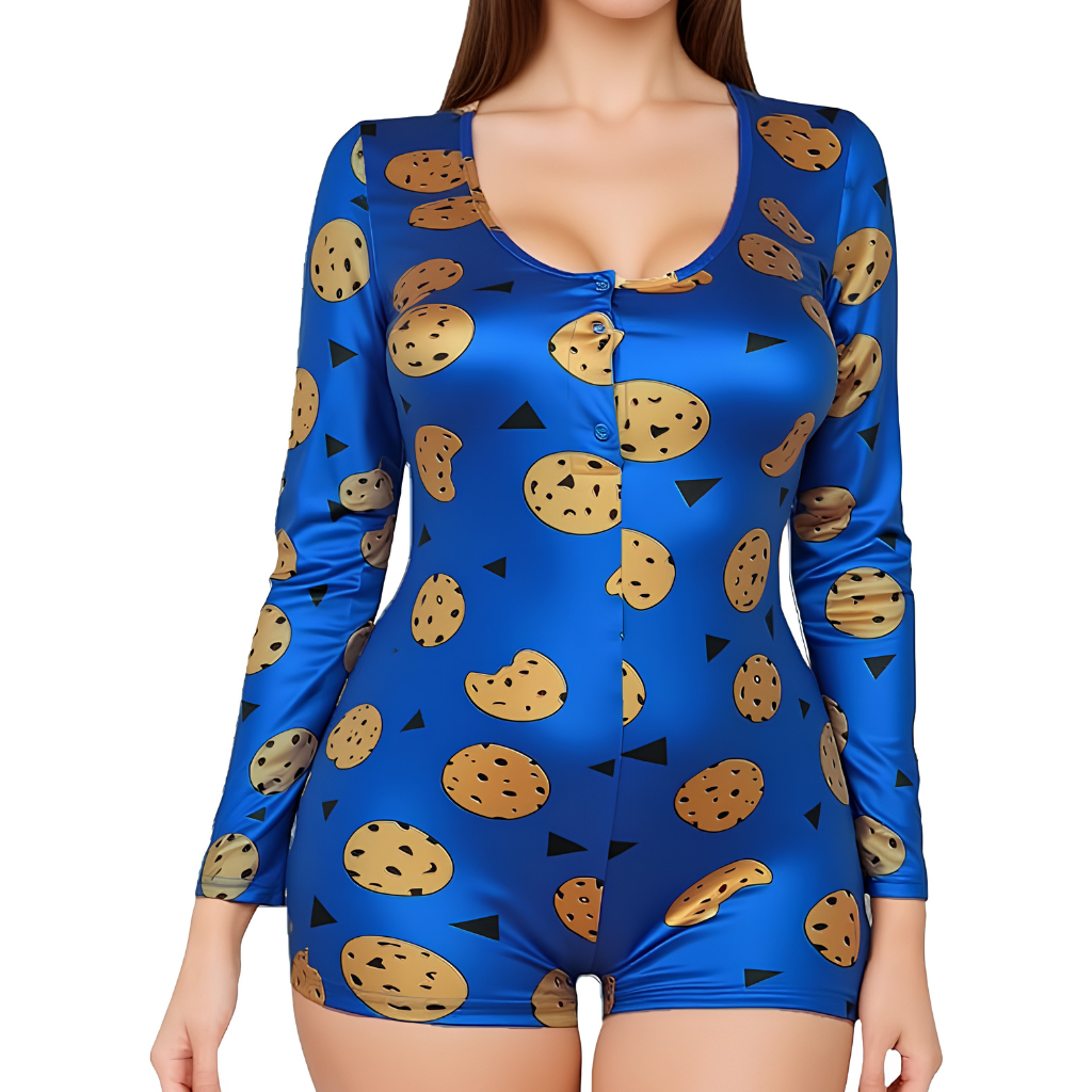 Long Sleeve Printed One Piece Pajama Romper Loungewear Outfit For Women
