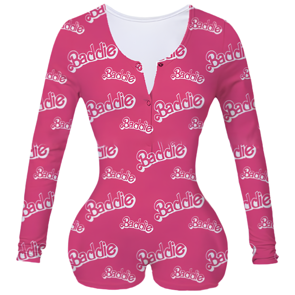 Long Sleeve Printed One Piece Pajama Romper Loungewear Outfit For Women