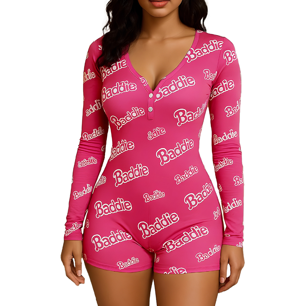 Long Sleeve Printed One Piece Pajama Romper Loungewear Outfit For Women