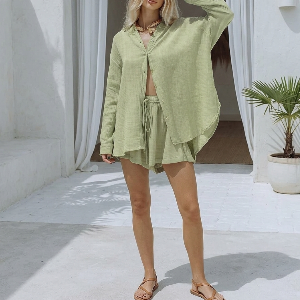 2 Piece Of Short Sleeve Button Down Blouse With Shorts Sweatsuit Set
