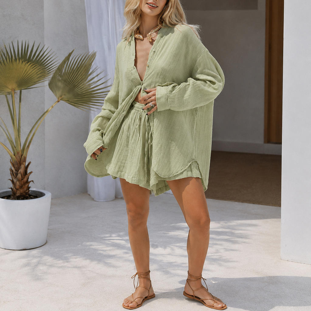 2 Piece Of Short Sleeve Button Down Blouse With Shorts Sweatsuit Set