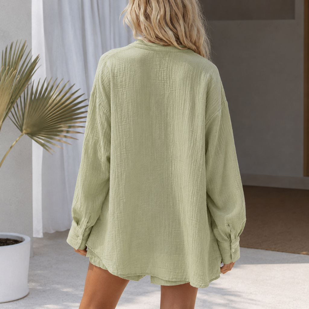 2 Piece Of Short Sleeve Button Down Blouse With Shorts Sweatsuit Set