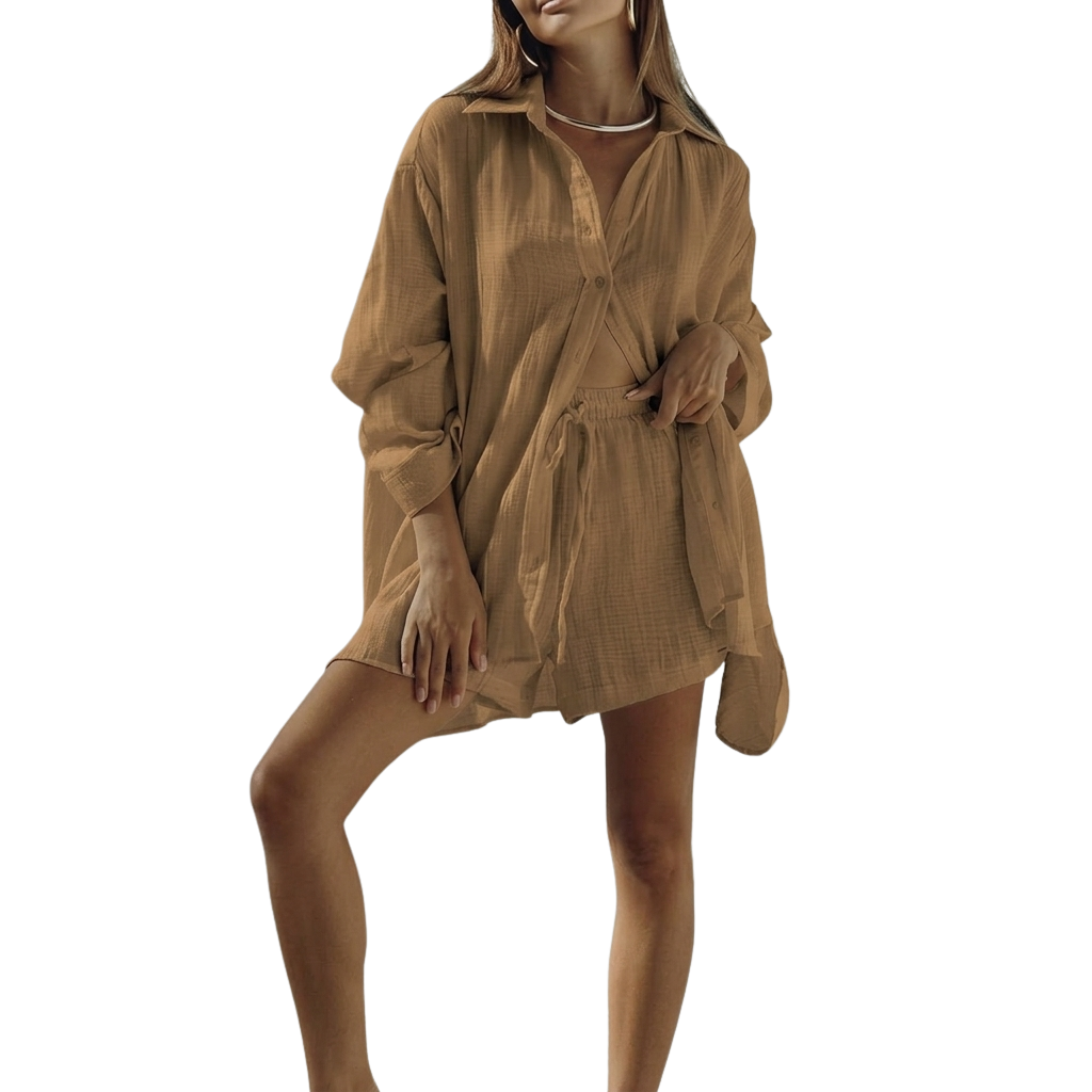 2 Piece Of Short Sleeve Button Down Blouse With Shorts Sweatsuit Set