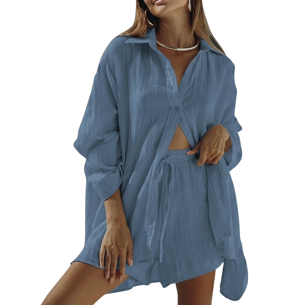 2 Piece Of Short Sleeve Button Down Blouse With Shorts Sweatsuit Set