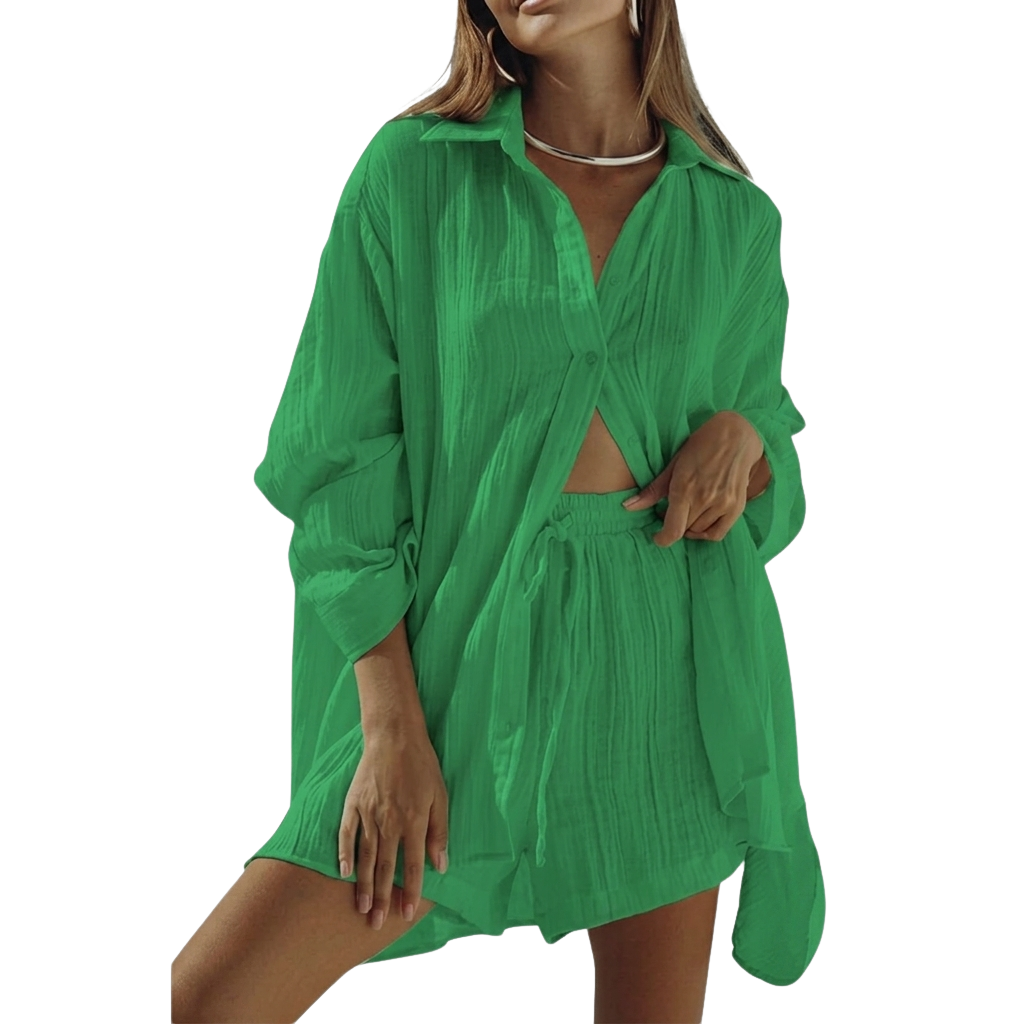 2 Piece Of Short Sleeve Button Down Blouse With Shorts Sweatsuit Set