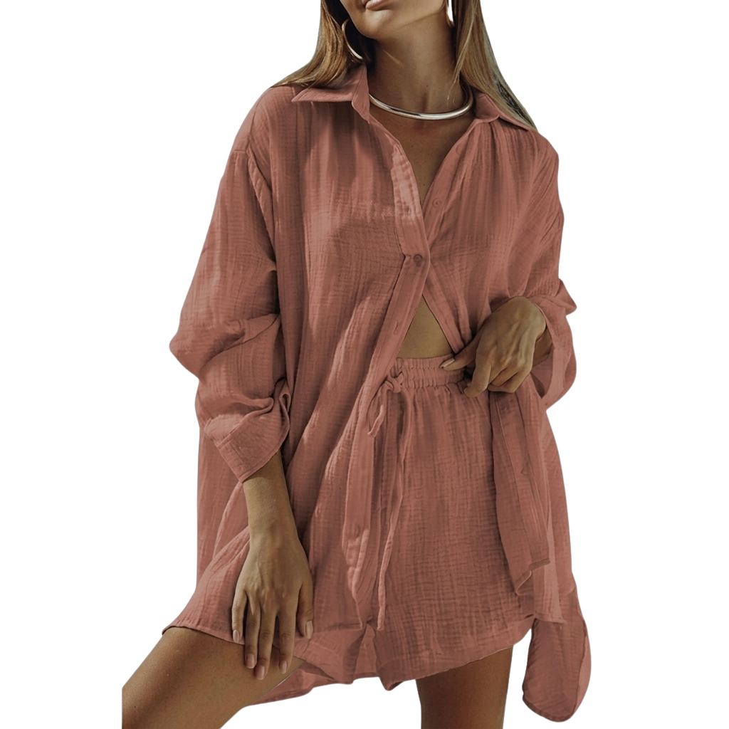 2 Piece Of Short Sleeve Button Down Blouse With Shorts Sweatsuit Set
