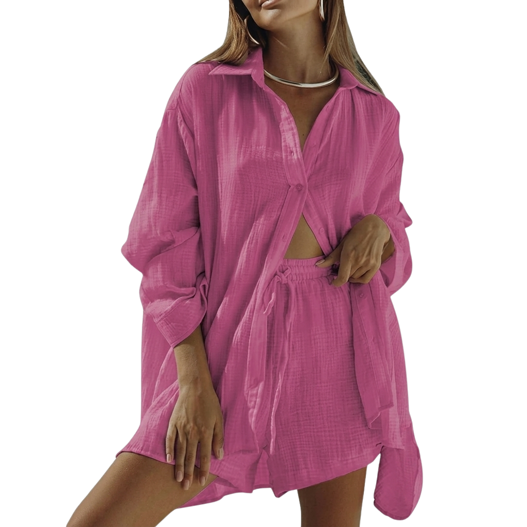 2 Piece Of Short Sleeve Button Down Blouse With Shorts Sweatsuit Set