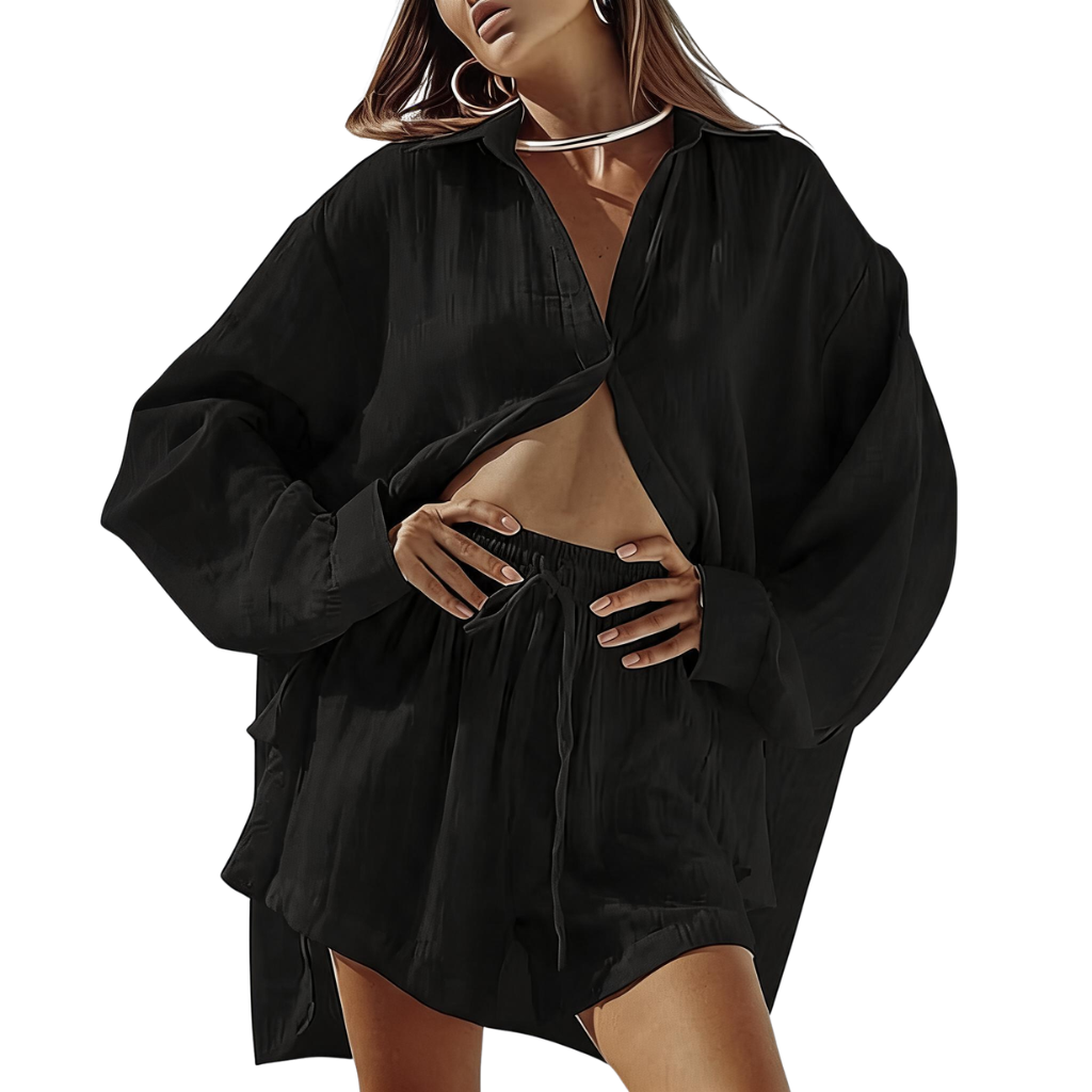 2 Piece Of Short Sleeve Button Down Blouse With Shorts Sweatsuit Set