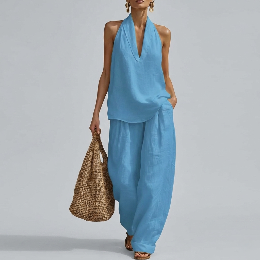 2 Piece Of Sleeveless Halter Top With Wide Pants Matching Lounge Set For Women