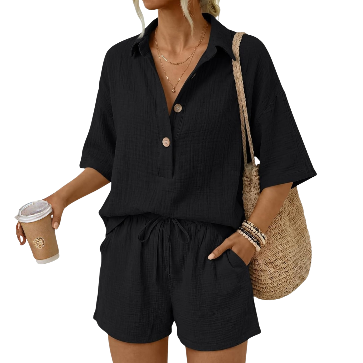 Linen Short Sleeve Summer Vacation Beach Short Sets For Women