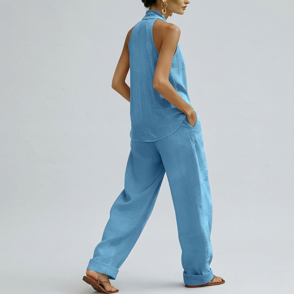 2 Piece Of Sleeveless Halter Top With Wide Pants Matching Lounge Set For Women